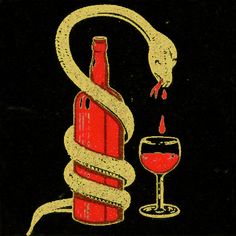 a red wine bottle with a snake wrapped around it next to a glass of wine