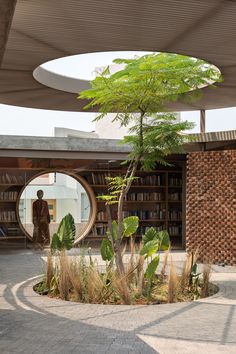 a tree in the middle of a courtyard with a circular mirror on it's wall