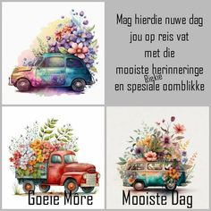 three different pictures with flowers on them and the words mooste o'dag