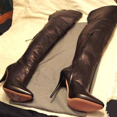 These "Show-Stoppers" Are A Timeless Gorgeous Boot Made For A Queen By A Queen. The Butter Soft Leather Makes Them One Of The Most Comfortable Luxury High-Fashion Pieces To Add To Your Wardrobe Collections. Nwot. Comes With A Fabric Dust Cloth For Protection. These Are Half-Priced So Don't Miss Taking These Home. Luxury Thigh High Heeled Boots, Luxury Thigh High Boots For Evening, Luxury Thigh High Evening Boots, Designer Thigh High Boots For Evening, Luxury Thigh High Heeled Boots For Formal Occasions, Elegant Leather Thigh-high Heels, Elegant Thigh-high Leather Heels, Shoes Alexander Mcqueen, Leather Thigh Boots