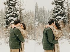 two people standing in the snow hugging each other