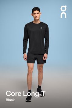 This long-sleeved basic makes running a breeze – especially when there's a breeze. Pair it with anything and everything | On Men's Core Long-T Long-Sleeve Shirt in Black, Size: Large. Cold-weather runs, basics, sustainable Road Running. Performance Running Longsleeve Men, Running In Cold Weather, Long T, Basic Long Sleeve, Workout Outfit, Road Running, Basic Tee, Mens Tees, Warm Weather