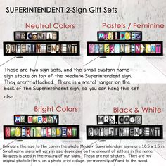 four different types of letters and numbers on a white background with the words superintendent, 2 - sign gift sets