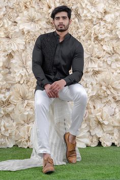 Buy Black Pure Cotton Smocked Kurta And Pant Set For Men by Runit Gupta Online at Aza Fashions.