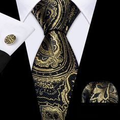 Black Gold Paisley Silk Necktie Pocket Square Cufflinks Set Classic Gold Suit And Tie Accessories With Pocket Square, Gold Suit And Tie Accessories With Pocket Square, Gold Tie For Black Tie Events, Elegant Pocket Square For Black Tie And Father's Day, Classic Gold Pocket Square As Gift, Necktie Pattern, Champagne Shirt, Burgundy Vest, Purple Bow Tie