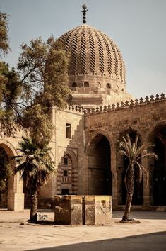 an old building with a dome and palm trees