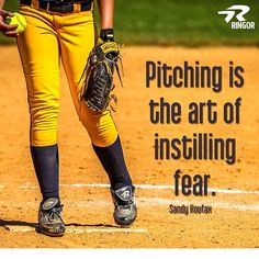 a baseball player wearing catchers mitts and holding a ball in his hand with the quote pitching is the art of instilling fear