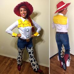 two pictures of the same woman in different costumes, one is wearing cowboy boots and the other has a cowgirl costume