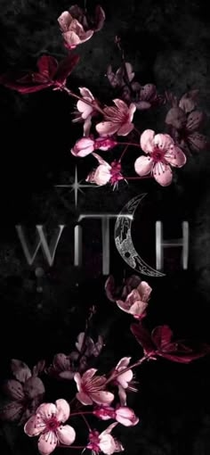 the words witch written in white and pink flowers on a black background with a crescent