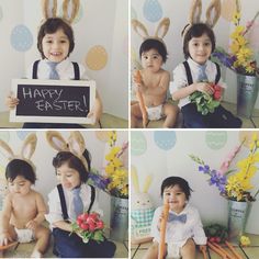 three pictures of two children sitting on the floor and one holding a sign that says happy easter