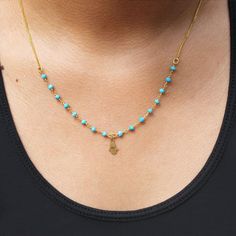 Michal Golan Tiny Turquoise Hamsa Necklace Being Worn Hamsa Necklace Gold, Hamsa Necklace, Jewelry Turquoise, Creating Jewelry, Evil Eye Pendant, Genuine Turquoise, Hamsa Hand, Gold Enamel, Turquoise Beads