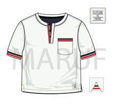 a white shirt with red and blue stripes on the chest