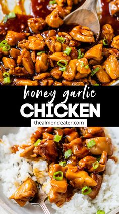 honey garlic chicken on top of rice in a white bowl with the title above it