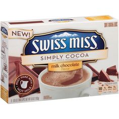 a box of swiss miss simply cocoa drink mix with chocolate in the front and on top