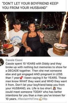 a man and woman sitting next to each other at a table with cake on it