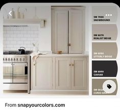 an image of a kitchen with white cabinets and gray walls in color swatches on the same wall