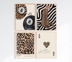 four cards with animal prints on them, one has a pool ball and the other has a leopard print