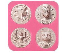 an image of four ancient coins on a pink background