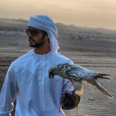 a man holding a falcon on the beach