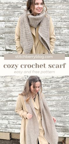 two women wearing coats and scarfs with text overlay that reads cozy crochet scarf easy and free pattern