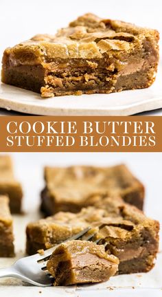 two pictures of cookie butter stuffed blondies on top of each other