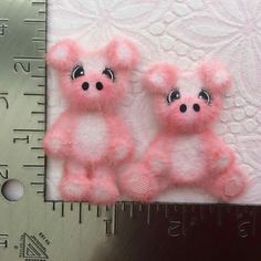 two pink teddy bears sitting next to each other on a table with a ruler in front of them