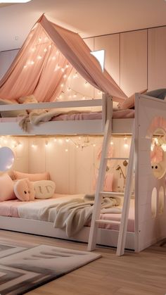 a bedroom with bunk beds and lights on the ceiling