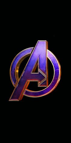 the avengers logo is shown in purple and gold on a black background with red accents