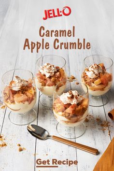 four desserts in small glass bowls on a wooden table with the title, jello caramel apple crumble get recipe