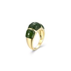 This striking contemporary ring combines the deep hues of genuine green nephrite jade with the brilliance of 18K yellow gold-plated sterling silver. Elegant Green Dome Ring With Polished Finish, Luxury Green Ring With Polished Finish, Luxury Green Rings With Polished Finish, Contemporary Ring, Dome Ring, Nephrite Jade, Domed Ring, Green Gemstones, Types Of Rings