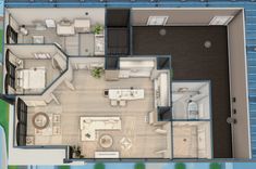 an aerial view of a two bedroom, one bathroom apartment with balcony and living room