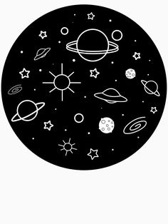 a black and white drawing of planets with stars on the bottom in a circular shape