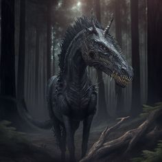 an image of a dragon with spikes on it's head in the middle of a forest