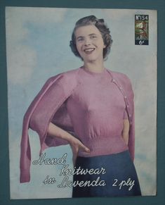 "Vintage 1940s 1950s knitting pattern - women's twin set - sweater/jumper and matching cardigan - classic design - original colour pattern Lavenda No. 154 - published by Lister and Co., (UK) Undated but probably dating from late 1940s (could be early 1950s) Dimensions of pattern approx. 7 1/4\" x 9 1/2\" or approx. 18.5 cm x 24 cm Printed on sturdy, good quality matt paper A classic design in plain stocking stitch. The instructions are provided in a choice of two sizes - to fit 33-35\" and 35\"- Twin Set Sweater, Colour Pattern, Vintage Knitting Patterns, Twin Set, Sweater Jumper, Fine Yarn, Vintage Knitting, Vintage Pattern, Jumper Sweater