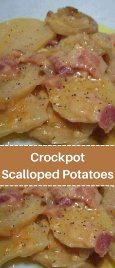 crockpot scalloped potatoes with ham and cheese on them are ready to be eaten