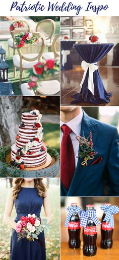 a collage of photos with different types of wedding decorations and flowers on them, including red white and blue