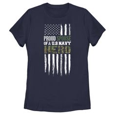 a navy t - shirt with an american flag and the words proud in green on it