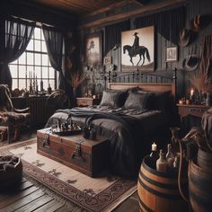 a bedroom with a bed, dressers and pictures on the wall above it is decorated in rustic style