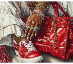 Description**: This digital download artwork, "Delta Sigma Theta Brilliance," beautifully captures the essence of grace and empowerment. Featuring a vibrant red handbag intricately designed with floral patterns and the Delta Sigma Theta name, paired with matching red sneakers, this image highlights a perfect blend of fashion and heritage. The delicate layers of jewelry and the elegant white attire add an extra touch of sophistication, making it a standout piece. Ideal for displaying in the living room, office, family room, or hallway, this artwork celebrates the strength and pride of Delta women. Instantly downloadable, this piece adds both a bold pop of color and cultural significance to any space, reflecting unity and the timeless legacy of Delta Sigma Theta. White Attire, Delta Sigma Theta, Red Handbag, Red Sneakers, Framed Tv, Blue Jacket, Floral Patterns, Vibrant Red, Room Office