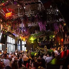 a large group of people sitting at tables in a room filled with plants and hanging lights