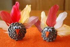 two pinecone turkeys with feathers on them sitting on an orange tablecloth