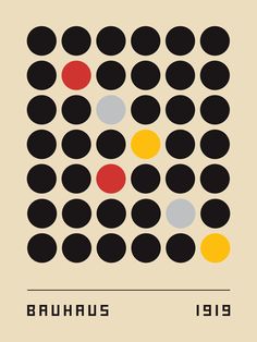 an image of a poster with dots on the bottom and black, yellow, red, and blue circles