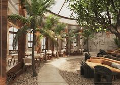 an artistic rendering of a restaurant with palm trees in the middle and tables on either side