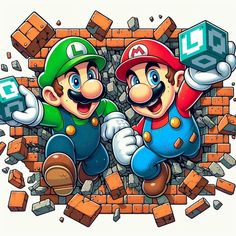 two mario brothers standing next to each other in front of a brick wall