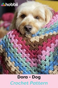 a dog wrapped in a blanket with the words dora - dog crochet pattern