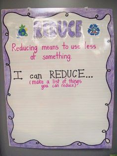 a bulletin board with writing on it that says reduce, reduce means to use less of something i can reduce make a list of things you can't