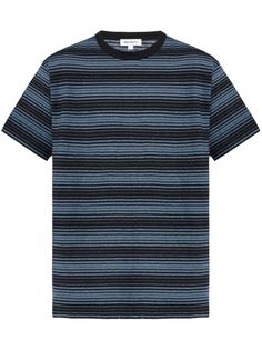 blue cotton tonal design horizontal stripe print crew neck short sleeves straight hem Relaxed Fit Crew Neck T-shirt With Horizontal Stripes, Blue Short Sleeve T-shirt With Contrast Stripes, Relaxed Fit Horizontal Stripe Crew Neck T-shirt, Blue Crew Neck Top With Vertical Stripes, Blue Crew Neck Tops With Horizontal Stripes, Blue Horizontal Stripe Crew Neck Tops, Blue Striped Short Sleeve T-shirt, Blue Short Sleeve Top With Horizontal Stripes, Blue Horizontal Stripe T-shirt For Summer