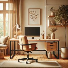 a home office with a desk, chair and potted plant in the corner by the window