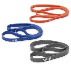 three different colored rubber bands with the words spri on each side and one is black, orange, and blue