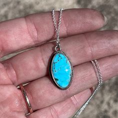 "Kingman turquoise necklace! Beautiful piece of Kingman turquoise on a sterling silver 18\" chain! Handmade with love 💕" Luxury Silver Kingman Turquoise Necklace, Turquoise Necklace With Round Pendant As Gift, Sterling Silver Turquoise Necklace With Large Pendant For Gift, Blue Turquoise Necklace Stamped 925 As A Gift, Gift Blue Turquoise Necklace Stamped 925, Untreated Oval Blue Turquoise Necklace, Turquoise Pendant Necklace Gift, Untreated Turquoise Pendant Necklace As Gift, Untreated Turquoise Pendant Necklace Gift